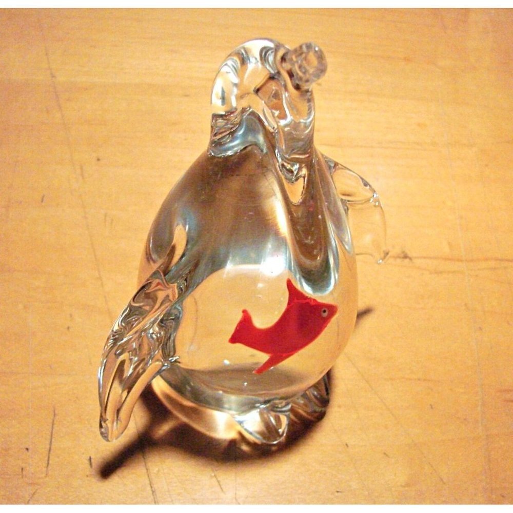 Clear Glass Penguin Figurine with Red Fish Inside Belly Artisan Paperweight Deco